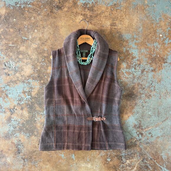 Lauren Ralph Lauren Plaid Vest Size M Brown Buckle Old Money Knit Sweater Shawl - Picture 1 of 9